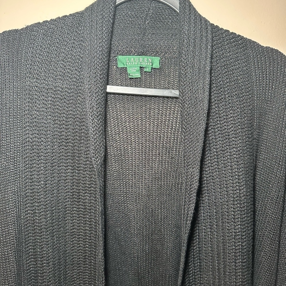 Lauren Ralph Lauren 100% Linen Black Open Front Staple Academia Cardigan Size L - Picture 5 of 12